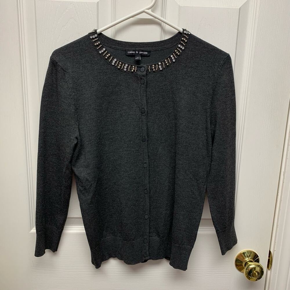Cable and Gauge Sweater Charcoal Gray Cardigan, Beaded Neck, Festive Size S